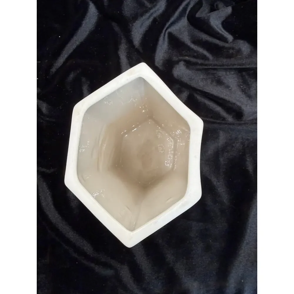 Vintage Matte Bisque Porcelain Butterfly & Cherry Blossom Hexagon Vase 7